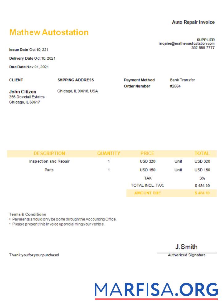Printable USA Mathew Autostation invoice real example
